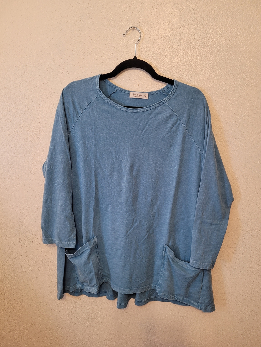 Jess & Jane Mineral Wash Pocket Tunic Top Blue Medium M12-000 Made USA